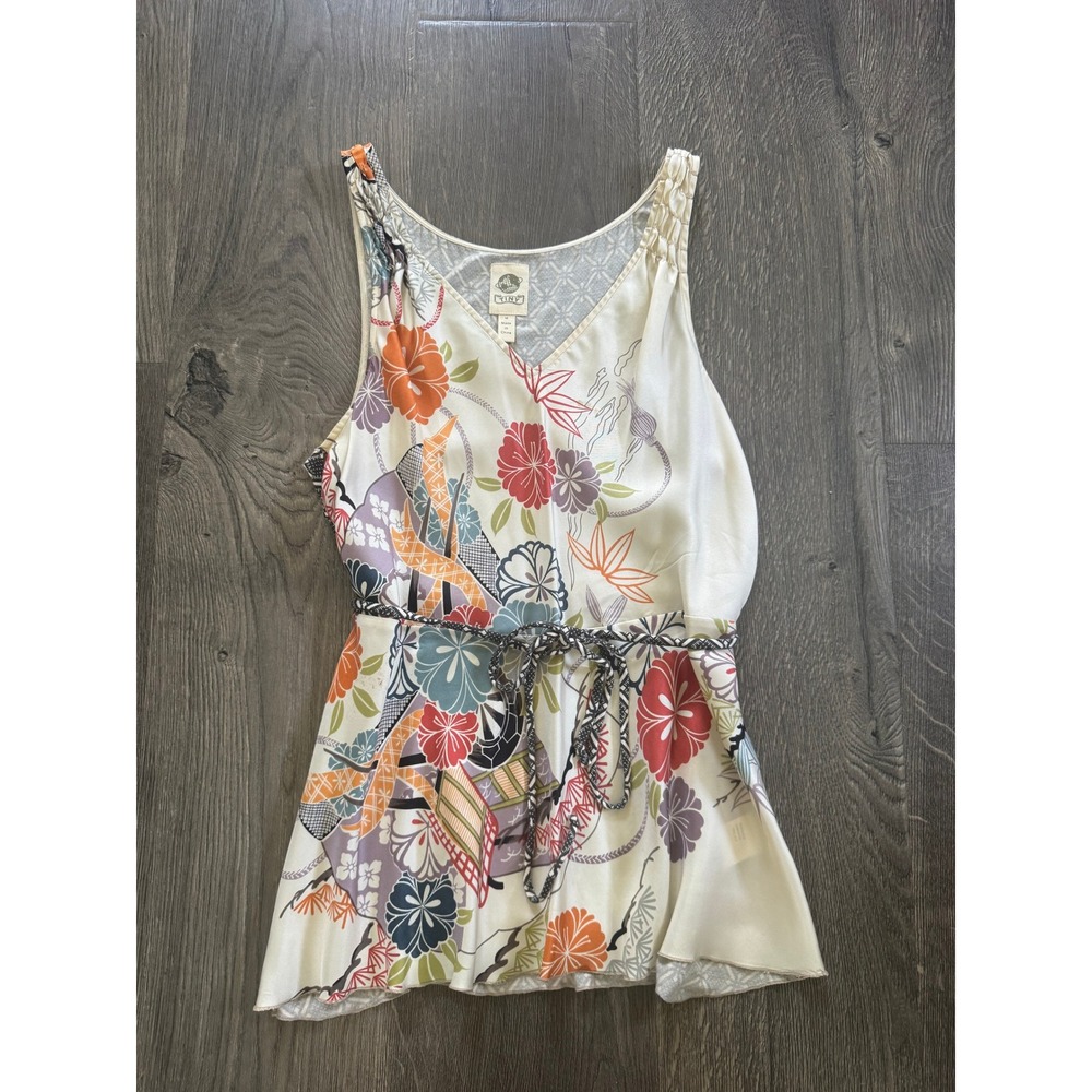 Tiny Anthropologie Floral Silk Blend Tunic Tank Top M Multi-Color Waist Tie Good